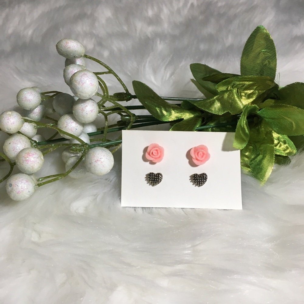 Pink Roses & Gold Hearts Earring Set - Picture 2 of 5